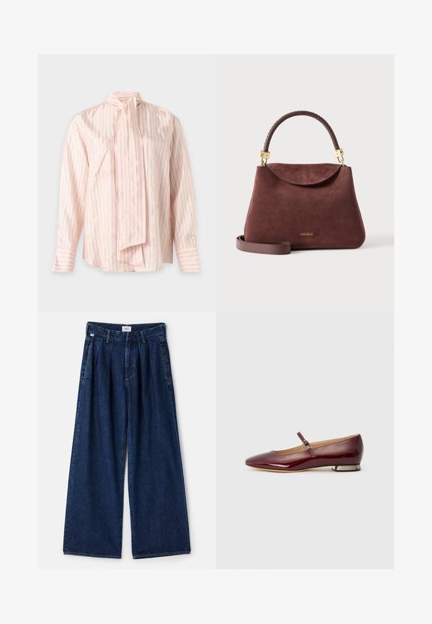 Lyserød bluse med lange ærmer, tynde lodrette striber og et bundet halstørklæde, vist mod en ensfarvet baggrund.; Bredde ben blå denim bukser med folder, der har høj talje, forlommer og en tekstureret finish. Stof er tykt og slidstærkt.; Bordeaux patentlæder flad sko med en afrundet tå, en rem over vampsen og en lav hæl med metalaccenter. Glat tekstur.; Brun ruskindtaske med flettet topstrop, aftagelig skulderrem, guldfarvet hardware og lille "Coccinelle"-logo foran.