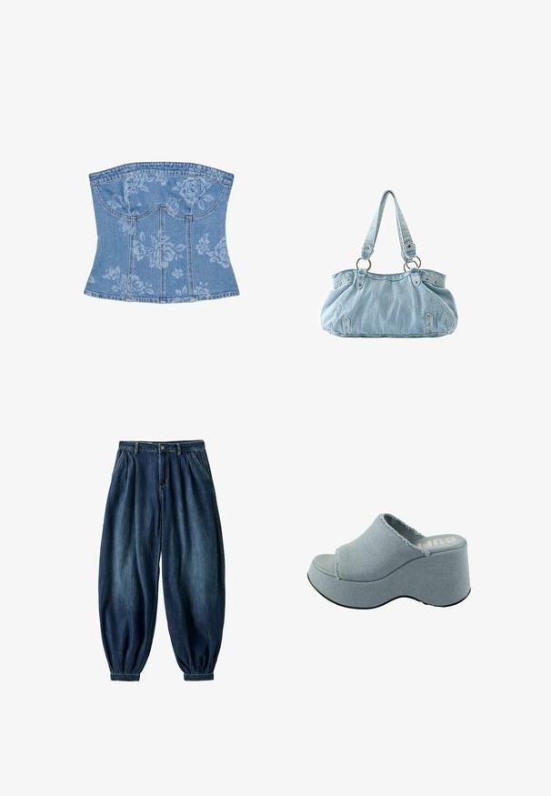 Denim-Bustier mit verblasstem Blumenprint und strukturierten Nähten, trägerloses Design und leichter Ausstellungsweite in der Taille.; Dunkelblaue Denim-Hose mit gerafften Bündchen, vorderen Falten, Seitentaschen, Gürtelschlaufen und Knopfverschluss an der Taille.; Helleblaue Plattform-Sandale mit ausgefranstem Obermaterial, offenem Zehendesign, dicker, gerundeter Sohle und strukturiertem grauem Laufsohlen.; Hellblaue Denim-Handtasche mit zwei Schulterriemen, die an Metallringen befestigt sind, sowie dekorativen Nieten vorne und an den Seiten.