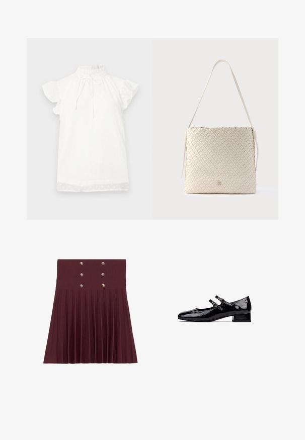 Valkoinen lyhythihainen paita, jossa on gathered-korkea kaulus ja solmusegmentti. Ominaisuuksiin kuuluu tekstuuri, jossa on pieniä pistekuvioita ja röyhelöhihat.; Burgundy pleated skirt with six silver-tone buttons at the waist, made from a textured fabric, featuring a structured A-line shape.; Musta lakattu nahka Mary Jane -kengät, joissa on matala lohkokorko, kaksoishihnamuotoilu ja pyöreät metalliset soljet. Suuri, kiiltävä pinta.; Punotusta beige nahasta valmistettu käsilaukku, jossa on litteä muoto, säädettävä olkahihna ja kultaiset metalliosat. Laukussa on teksturoitu ristikkäiskuvio.