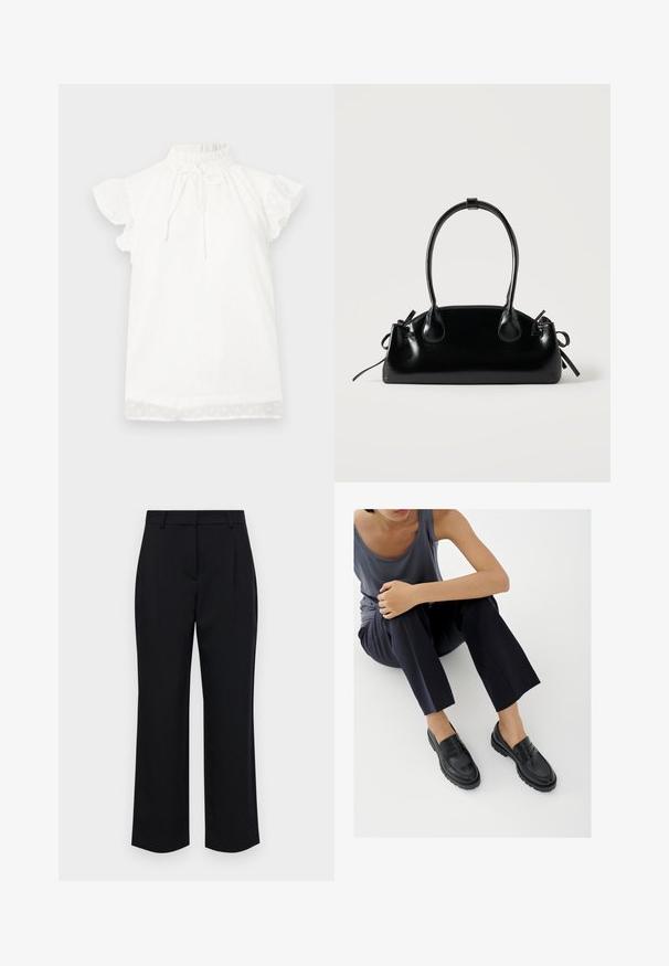 Top blanco de manga corta con un cuello alto fruncido y detalle de lazo. Presenta una tela texturizada con pequeños patrones de puntos y mangas con volantes.; Pantalones negros de corte recto, con cinturilla, pliegues frontales y bolsillos laterales. Fabricados en una tela suave.; Mocasines de cuero negro con detalles texturizados, tacón bajo, puntera redonda y costuras visibles. Modelo vistiendo pantalones oscuros y una blusa gris.; Pequeño bolso negro brillante con dos asas largas y detalles de cordón lateral sobre un fondo claro liso.