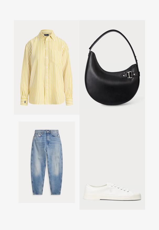 Chemise à rayures verticales jaunes et blanches, manches longues, avec une poche poitrine et un petit logo brodé sur le poignet gauche.; Jean denim bleu clair taille haute avec légère décoloration et usure près des poches avant, style cinq poches et jambes fuselées.; Sneaker en toile blanche avec un bout rond, fermeture lacée et un détail de logo discret. Caractéristiques d'un tissu texturé et d'une semelle en caoutchouc.; Sac à main en cuir noir en forme de croissant avec une bandoulière unique réglable et un détail de boucle argentée sur le côté.