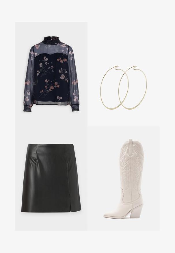 Vero Moda VMMARYA HIGHNECK - Blouse - navy blazer/hallie; Zwarte leren mini-jurk met een rechte snit, een soepele textuur en een zijrits met een splitdetail aan één kant.; Witte leren cowboylaars met een spitse neus en een vierkante hak. Heeft ingewikkelde stikpatronen op de schacht en een soepele textuur.; Pilgrim Oorbellen - gold-coloured