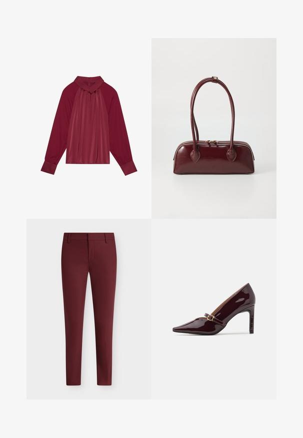 Blouse bourgogne avec un col montant, design à l'avant plissé et manches longues. Fabriquée en tissu doux et lisse avec des poignets contrastants.; Pantalon slim fit bordeaux avec passants de ceinture et fermeture éclair devant, présenté sur un fond uni.; Chaussure à talon aiguille bordeaux en patent avec un embout pointu, une bride de cheville comportant des accents en métal doré, et une finition lisse et brillante. Talon stiletto surélevé.; Sac à main en cuir bordeaux avec une forme courbée, deux poignées, fermeture éclair et détails de couture subtils. Fini lisse et brillant.
