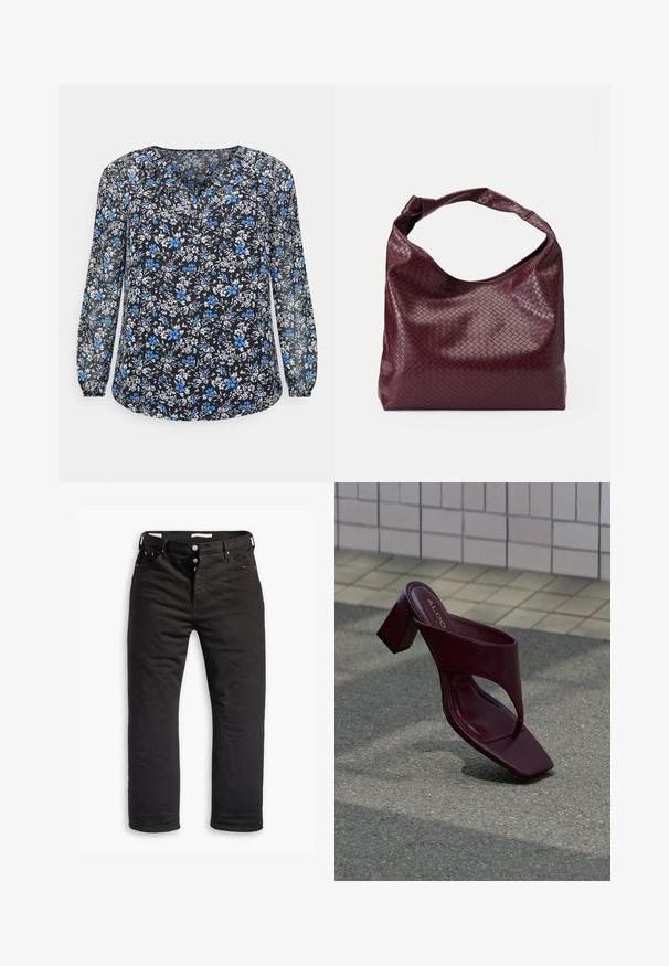 Anna Field Curvy Bluse - black; Schwarze Denim-Jeans mit geradem Bein, ausgestattet mit einem Knopfverschluss, fünf Taschen und dezentem Stickdetail. Angenehme Textur.; Dunkelrote High-Heel-Sandale mit quadratischer Spitze und breitem Riemen, platziert auf einer gefliesten und asphaltierten Oberfläche.; Bordeauxfarbene Tasche mit einer strukturierten, gewebten Musterung, weichem Leder und einem einzelnen, verknoteten Griff. Geräumiges Hobo-Design.