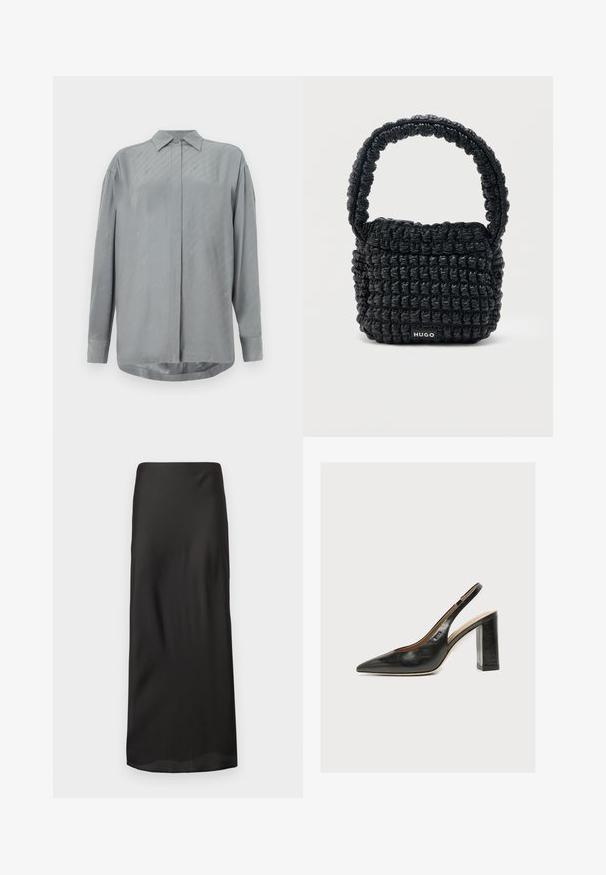 Lichtgrijze, langärmige shirt van gladde stof met een knoopsluiting aan de voorkant en subtiele diagonale patronen. Klassieke kraag en ronde zoom.; Zwarte maxi rok van glad, lichtgewicht stof. Heeft een rechte silhouet met een elastische tailleband en geen zichtbare patronen of versieringen.; Zwarte leren dames slingbackpumps met spitse neus en dikke hoge blokhak op witte achtergrond.; Kleine zwarte gewatteerde handtas met korte, gewatteerde handgreep en "HUGO"-label aan de voorkant, afgebeeld tegen een effen lichte achtergrond.