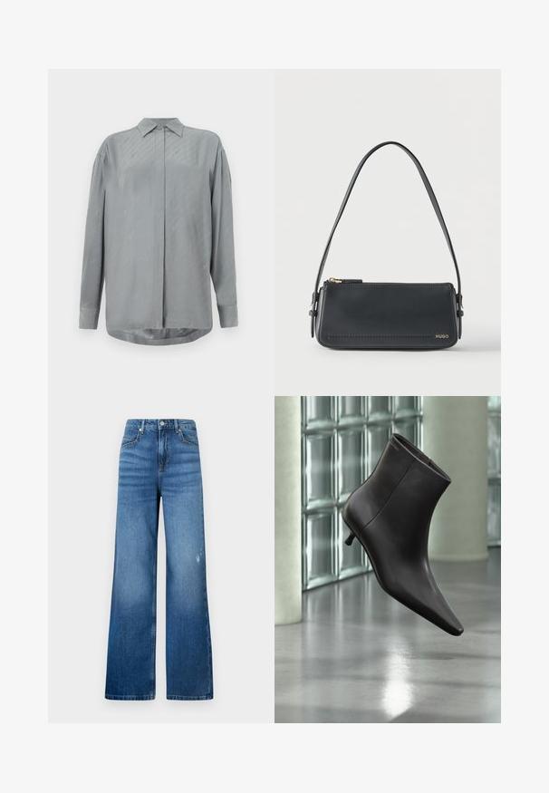 Helles graues Langarmshirt aus glattem Stoff mit durchgehender Knopfleiste und dezenten diagonalen Mustern. Klassischer Kragen und abgerundeter Saum.; Weite blaue Denim-Jeans mit einem leichten Verblassen, ausgestattet mit fünf Taschen und einem Standardbund mit Knopfverschluss. Sanfte Textur.; Schwarzer Leder-Knöchelstiefel mit spitzer Spitze und kleinem Absatz vor einer Wand aus Glasbausteinen und einem polierten Boden.; Schwarze rechteckige Lederschultertasche mit goldenem Reißverschluss und kleinem goldenem "HUGO"-Logo auf der Vorderseite, mit verstellbarem Riemen und Schnalle.