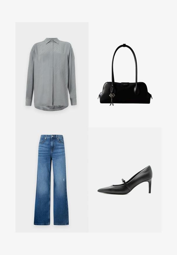 Helles graues Langarmshirt aus glattem Stoff mit durchgehender Knopfleiste und dezenten diagonalen Mustern. Klassischer Kragen und abgerundeter Saum.; Weite blaue Denim-Jeans mit einem leichten Verblassen, ausgestattet mit fünf Taschen und einem Standardbund mit Knopfverschluss. Sanfte Textur.; Schwarzer Leder-Pumps mit spitzer Zehenpartie, dünnem Riemen und Schnalle über dem Spann, stehend auf hellem neutralem Hintergrund.; Schwarze Lederhandtasche von Calvin Klein mit langen Henkeln, einem vorderen Logo-Tag und einem silbernen geometrischen Anhänger, der an einem Henkel hängt.