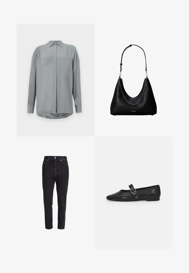 Helles graues Langarmshirt aus glattem Stoff mit durchgehender Knopfleiste und dezenten diagonalen Mustern. Klassischer Kragen und abgerundeter Saum.; Schwarze Jeans aus Denim mit hoher Taille, zulaufenden Beinen und klassischem Fünf-Taschen-Design. Der Stoff hat eine leicht strukturierte und robuste Textur.; Schwarzer Lederflatschuh mit runder Zehenform, einem verstellbaren Schnallenriemen und einer glatten, glänzenden Oberfläche. Minimalistisches Design mit einem niedrigen Absatz.; Schwarze Lederhandtasche mit silberner Kettendetail und verstellbarem Schulterriemen, mit Calvin Klein Logo auf der Vorderseite.