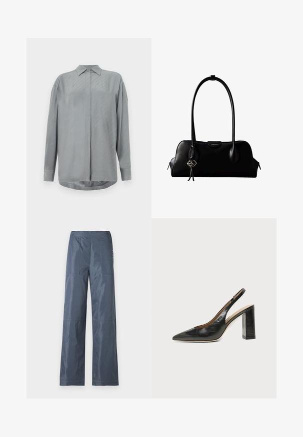 Chemise gris clair à manches longues en tissu lisse avec un devant à boutons et de subtils motifs diagonaux. Col classique et ourlet arrondi.; Pantalons à jambes larges en gris foncé, en tissu lisse. Comprend deux poches avant et des détails cousus le long des coutures.; Chaussure slingback en cuir noir à bout pointu avec un talon bloc haut et une doublure intérieure beige sur un fond clair uni.; Sac à main en cuir noir Calvin Klein avec de longues anses, une étiquette logo à l'avant et un charme géométrique argenté suspendu à une anse.