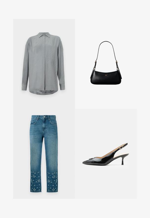 Helles graues Langarmshirt aus glattem Stoff mit durchgehender Knopfleiste und dezenten diagonalen Mustern. Klassischer Kragen und abgerundeter Saum.; Blaue Jeans aus Denim mit geradem Schnitt, ausgestattet mit floralen Stickereien und Verzierungen am Saum sowie einem Fünf-Taschen-Design.; Schwarzer Pumps mit Riemchen aus Lackleder, spitz zulaufender Zehenpartie, kleinem Kitten-Heel und silberner Schnalle auf weißem Hintergrund.; Schwarze kleine Lederschultertasche mit dünnem Riemen und kleinem goldenem CK-Logo auf der Vorderseite in der Mitte.