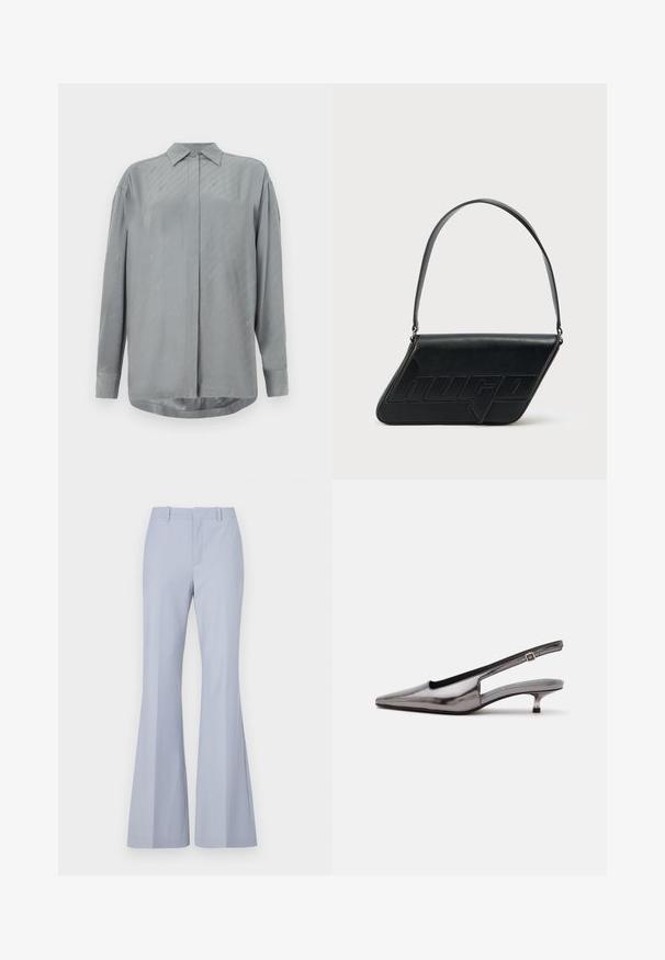 Chemise gris clair à manches longues en tissu lisse avec un devant à boutons et de subtils motifs diagonaux. Col classique et ourlet arrondi.; Pantalons évasés bleu clair avec une texture lisse, dotés d'un devant plat, de deux poches latérales et d'une ceinture propre.; Chaussure slingback gris métallique à bout pointu, petit talon kitten et bride réglable sur fond blanc.; Sac d'épaule en cuir noir de forme triangulaire, avec un logo embossé et une seule bandoulière réglable. Design minimaliste avec une texture lisse.