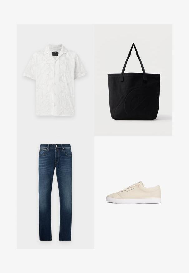 Weißes Kurzarmhemd mit feiner Stickerei von Blatt- und Blumenmustern. Bemerkenswerte Details sind eine Knopfleiste vorne und ein Kragen.; Dunkelblaue Gerade geschnittene Jeans mit leichter Ausbleichung an den Oberschenkeln, fünf Taschen und einem metallenen Knopfverschluss an der Taille.; Beiger Canvas-Sneaker ohne Schaft mit weißer Gummisohle, Schnürung vorne und "Tommy Hilfiger"-Markenaufdruck an der Seite.; Schwarze Canvas-Shopper-Tasche mit zwei Schulterriemen und einem dezenten, eingeprägten kreisförmigen Design auf der Vorderseite.
