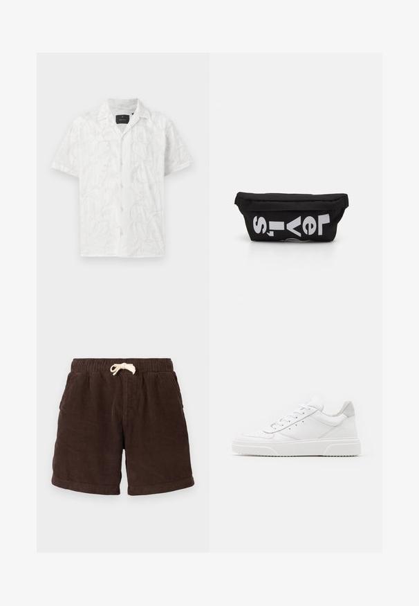 Camisa blanca de manga corta con delicados bordados de hojas y patrones florales. Detalles notables incluyen un cierre frontal con botones y un cuello.; Pantalones cortos de pana marrones con cintura elástica, cierre de cordón y bolsillos laterales. La tela presenta canalones verticales y un acabado texturizado.; Zapatillas de cuero blanca con un acabado suave, punta redondeada, cordones planos y una suela texturada. Acento de ante gris en el talón.; Bolsa de tela negra con forma plana, que presenta texto blanco en negrita. El cierre de cremallera se encuentra en la parte superior, con un detalle de asa en un lado.