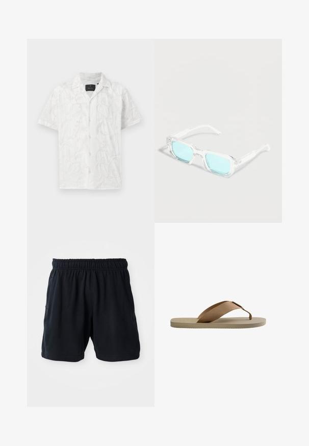 Camisa blanca de manga corta con delicados bordados de hojas y patrones florales. Detalles notables incluyen un cierre frontal con botones y un cuello.; Shorts deportivos negros hechos de tela suave, con una cinturilla elástica y dos bolsillos laterales para mayor comodidad.; Sandalia beige tipo flip-flop con suela texturizada y amplia correa de tela marrón para el dedo, sobre fondo blanco.; Gafas rectangulares transparentes con montura gruesa transparente y lentes tintados de azul claro, descansando sobre una superficie blanca.