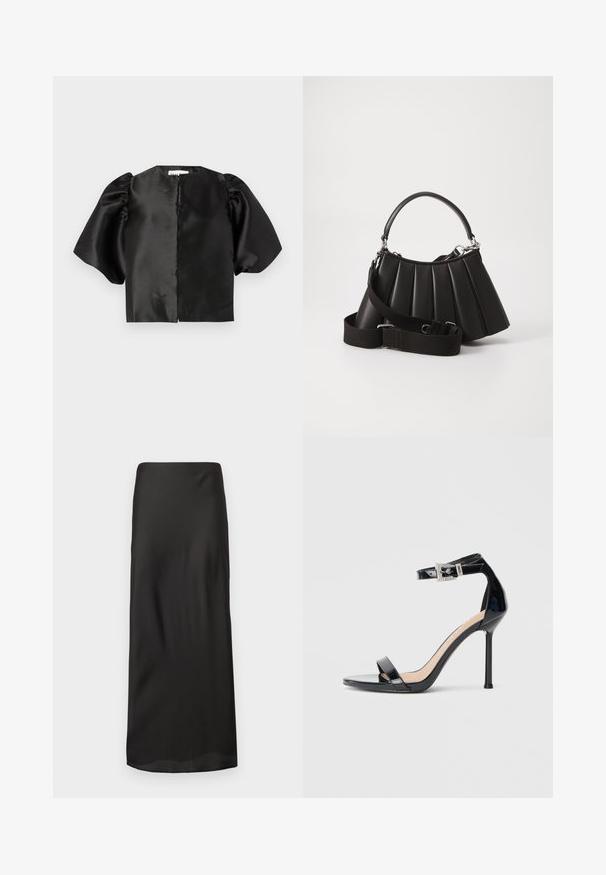 Schwarzes Satin-Crop-Top mit puffierten kurzen Ärmeln und einer Frontöffnung. Glatte Textur mit glänzendem Finish, minimalistisches Design.; Schwarzer Maxirock aus glattem, leichtem Stoff. Verfügt über eine gerade Silhouette mit einem elastischen Bund und ohne sichtbare Muster oder Verzierungen.; Schwarzer Riemchensandale aus Lackleder mit hohem Absatz und Knöchelriemen. Verfügt über ein minimalistisches Design, offene Zehenpartie und eine Schnalle mit Strassakzenten.; Schwarze, gefaltete Handtasche mit einem runden Griff, verstellbarem Schulterriemen und glänzender Textur. Verfügt über silberne Hardware und eine strukturierte Silhouette.