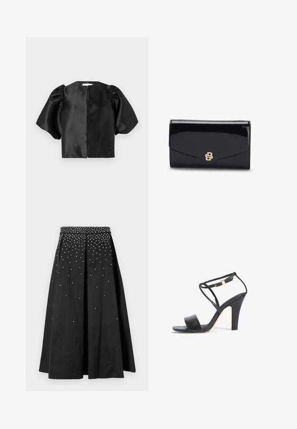 Schwarzes Satin-Crop-Top mit puffierten kurzen Ärmeln und einer Frontöffnung. Glatte Textur mit glänzendem Finish, minimalistisches Design.; Schwarze Skirt mit einem taillierten Bund, der mit silbernen Nieten verziert ist, gefalteter Optik und einem fließenden Schnitt, der bis zur Mitte der Wade reicht.; Schwarze Sandale mit hohem Absatz, dünnem Knöchelriemen, goldener Schnalle, offenem Zehenbereich und Blockabsatz, seitlich auf weißem Hintergrund dargestellt.; Glänzende schwarze Leder-Clutch mit einem goldfarbenen, ineinander verschlungenen B-Logo auf der vorderen Klappe, geschlossen vor weißem Hintergrund gezeigt.