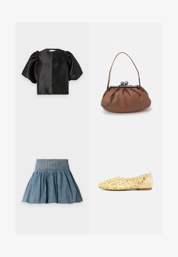 Sort satin cropped top med puffede korte ærmer og åbning foran. Glat tekstur med en blank finish, minimalistisk design.; Denimskørter med samlet tekstur, der har et bredt elastisk taljebånd. Farven er lyseblå med en blød, glat finish.; Lys gul vævet læderfladskor med lukket hæl og åbent gitterdesign, egnet til afslappet brug.; Brun læderhåndtaske med en samlet design, en kort læderhank og en kædestrop. Har en sølvmetalspænde med to runde pynt.