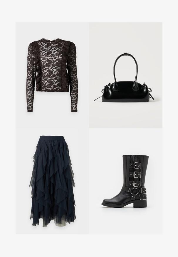 Haut à manches longues en dentelle marron avec un motif floral, présentant des accents volants sur les côtés et un col rond avec une fermeture à bouton à l'arrière.; Jupe midi en tulle noir à plusieurs couches avec des panneaux à volants en cascade et une taille ajustée.; Botte en cuir noir avec un haut tige, dotée de plusieurs boucles et sangles en argent, d'un accent circulaire et d'un talon épais. Fini mat.; Petit sac à main noir brillant avec deux longues anses et des détails à cordon sur les côtés sur un fond clair uni.