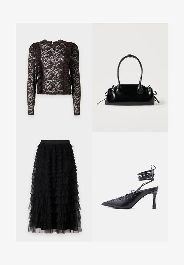 Bruine kanten langemouwen top met een bloemenpatroon, voorzien van gerimpelde accenten aan de zijkanten en een ronde hals met een knoopsluiting aan de achterkant.; Vero Moda VMNAJA Mid waist Long - Maxirok - black; Zwarte pumps met puntige neus, hoge hak, en een enkelbandje dat om de enkel wikkelt, voorzien van meerdere oogjes voor veters aan de voorkant.; Kleine zwarte glanzende handtas met twee lange hengsels en zijkant trekkoord details op een effen lichte achtergrond.
