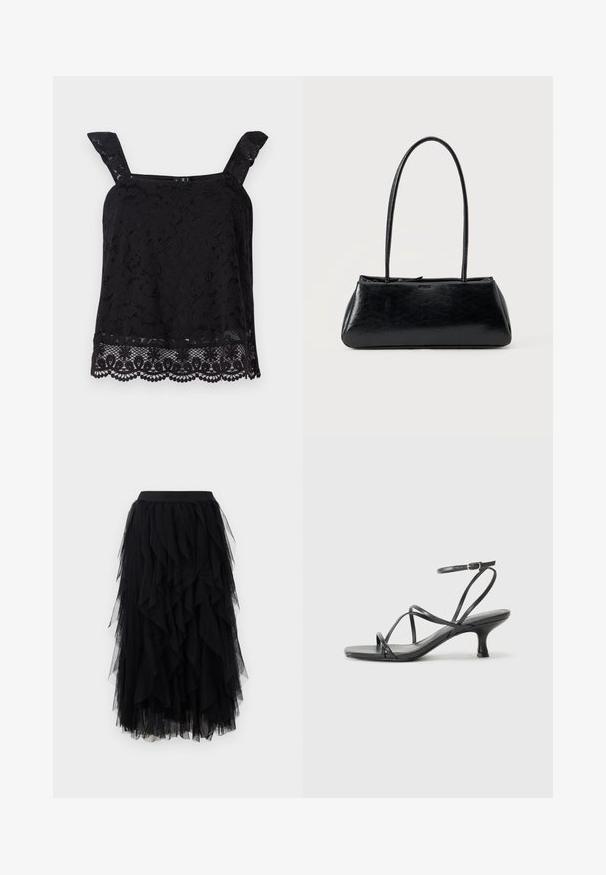 Top de encaje negro con tirantes anchos, patrón floral, dobladillo ondulado y tela texturizada. Presenta un intrincado detalle en el borde inferior.; Falda midi de tul negro en capas con una cintura ajustada y un dobladillo asimétrico con volantes.; Sandalias negras de tacón con tiras finas, diseño de punta abierta y un pequeño tacón acampanado. El material parece suave y brillante.; Bolso de hombro rectangular negro con correas largas y delgadas y una textura lisa y brillante sobre un fondo liso.