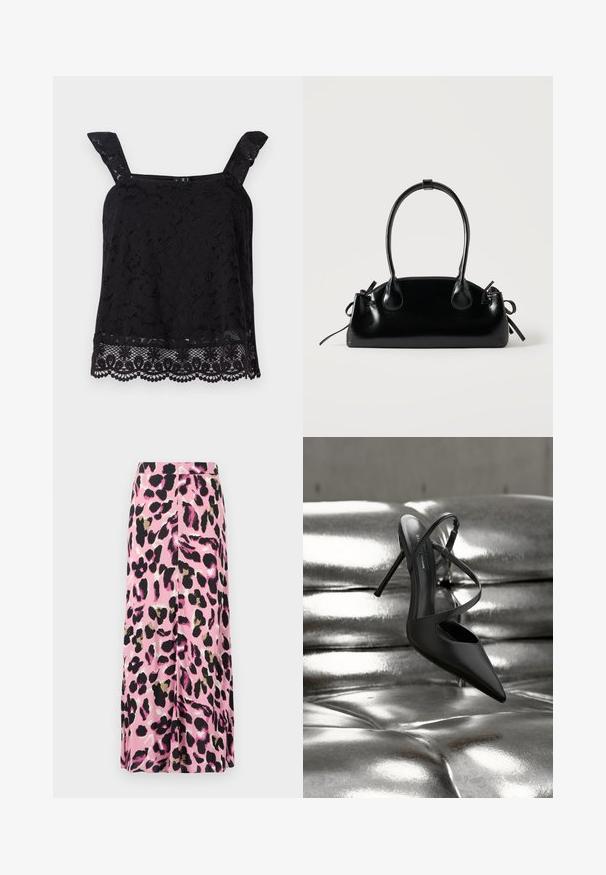 Top de encaje negro con tirantes anchos, patrón floral, dobladillo ondulado y tela texturizada. Presenta un intrincado detalle en el borde inferior.; Falda rosa con un estampado de animal print que presenta acentos en negro, dorado y blanco. Tejido suave con un diseño fluido. Corte de longitud media.; Zapato stiletto negro de punta puntiaguda con tiras cruzadas reposando sobre una superficie de cuero plateado brillante y capitoné.; Pequeño bolso negro brillante con dos asas largas y detalles de cordón lateral sobre un fondo claro liso.