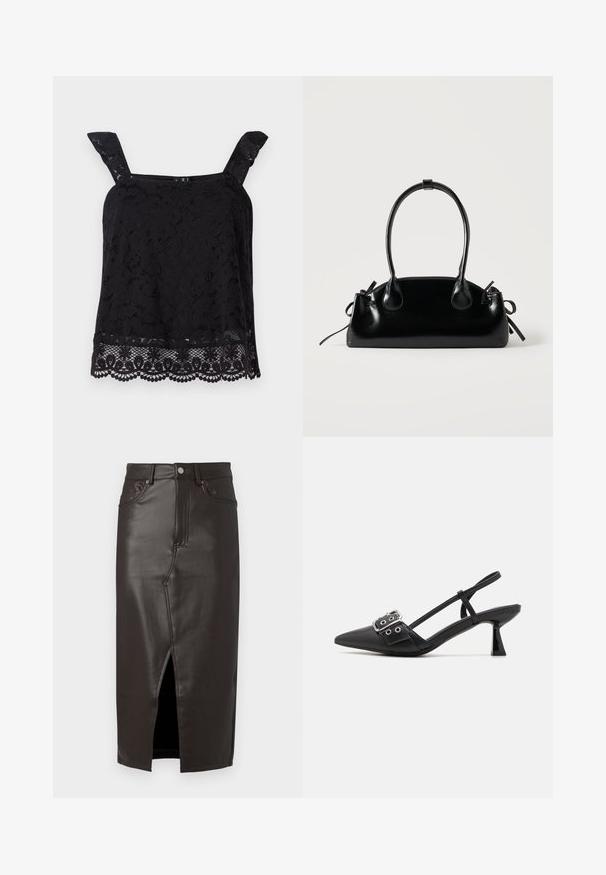 Sort blonde top med brede stropper, blomstermønster, bølget kant og struktureret stof. Har en intrikat detaljering ved bunden.; Brun læder midi-nederdel med en frontslids, femlomme-design og metal-knap lukning. Glat tekstur og skræddersyet pasform.; Simmi London DALA - Pumps - black; Lille sort blank håndtaske med to lange håndtag og snøre-detaljer i siden på en ensfarvet lys baggrund.