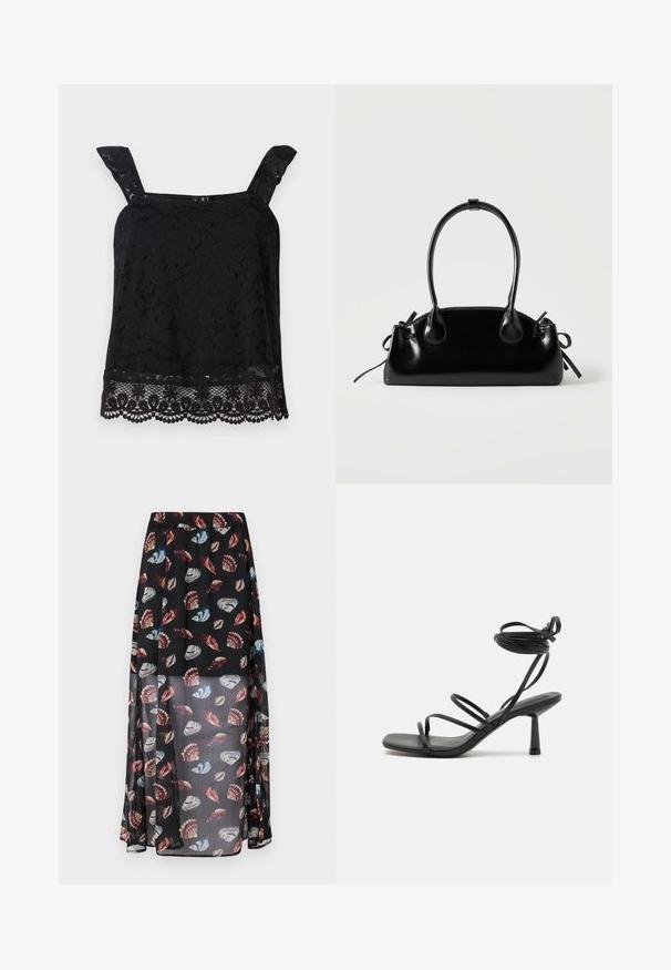 Sort blonde top med brede stropper, blomstermønster, bølget kant og struktureret stof. Har en intrikat detaljering ved bunden.; Sort, gennemsigtig maxiskirt med elastisk talje, der har et flerfarvet skald- og sommerfuglemønster. Letvægts, svævende stof.; Sort strappy sandal med firkantet tå, justerbare ankelbind og en slank, blokhæl. Fremstillet af et glat, holdbart materiale.; Lille sort blank håndtaske med to lange håndtag og snøre-detaljer i siden på en ensfarvet lys baggrund.