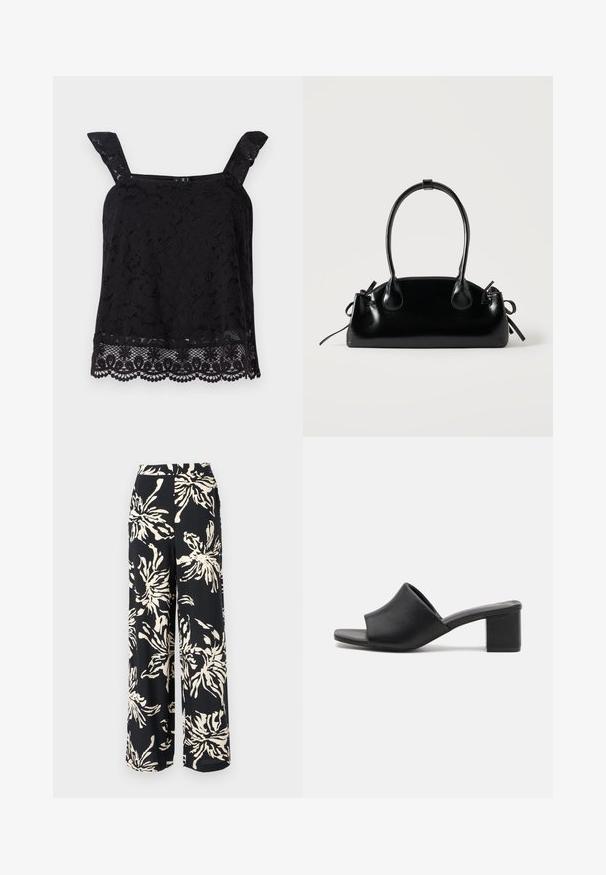 Schwarzes Spitzentop mit breiten Trägern, floralen Muster, gewelltem Saum und strukturiertem Stoff. Verfügt über aufwendige Details am unteren Rand.; Schwarzweite Hose aus einem schwarzen Stoff mit einem großen cremefarbenen Blumenmuster. Das Design umfasst eine hohe Taille und eine fließende Silhouette.; Schwarze Leder-Mules mit Blockabsatz und offenem Zehenbereich, mit einer glatten Oberfläche und einem leicht geschwungenen Schaft für Komfort und Stil.; Kleine schwarze glänzende Handtasche mit zwei langen Griffen und seitlichen Kordelzug-Details vor einfachem hellem Hintergrund.