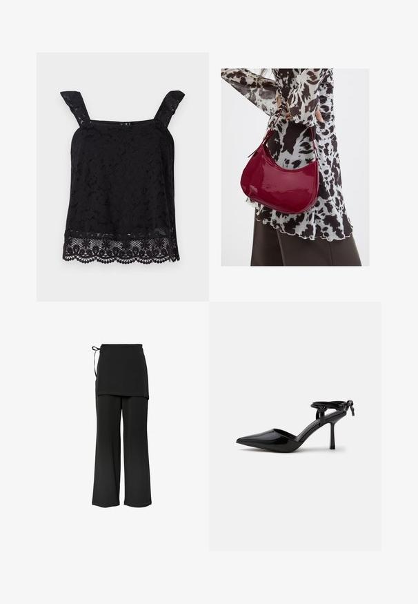 Top de encaje negro con tirantes anchos, patrón floral, dobladillo ondulado y tela texturizada. Presenta un intrincado detalle en el borde inferior.; Pantalones negros de pierna ancha con un diseño en capas y lazo lateral. Hechos de una tela suave y lisa, con un corte simple y limpio.; Zapato de tacón alto de cuero charol negro con punta puntiaguda y correa en el tobillo atada en un nudo en la parte trasera, mostrado sobre un fondo blanco liso.; Mujer con blusa de estampado en blanco y negro sosteniendo un bolso de hombro rojo brillante sobre un fondo liso.