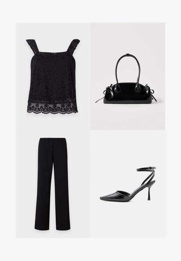 Top de encaje negro con tirantes anchos, patrón floral, dobladillo ondulado y tela texturizada. Presenta un intrincado detalle en el borde inferior.; Pantalones de pierna ancha negros con cintura elástica, hechos de una tela suave, que presentan un diseño limpio y minimalista sin adornos.; Zapato de tacón alto negro de punta fina con delgadas correas en el tobillo y cierre de hebilla plateada sobre un fondo liso claro.; Pequeño bolso negro brillante con dos asas largas y detalles de cordón lateral sobre un fondo claro liso.