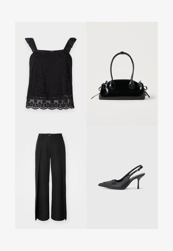 Top de encaje negro con tirantes anchos, patrón floral, dobladillo ondulado y tela texturizada. Presenta un intrincado detalle en el borde inferior.; Pantalones de pierna ancha negros, hechos de tela suave, que cuentan con pliegues frontales, un cierre de un botón y lazos para cinturón.; Sandal de tacón stiletto negro de cuero con punta afilada, correa lateral con hebilla, tachuelas a lo largo del borde y cordones decorativos en la parte delantera.; Pequeño bolso negro brillante con dos asas largas y detalles de cordón lateral sobre un fondo claro liso.