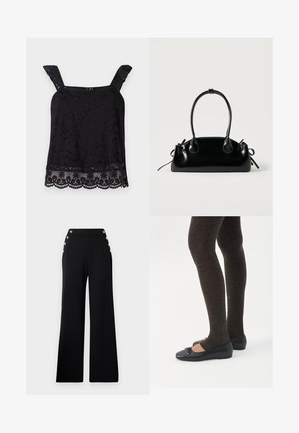 Sort blonde top med brede stropper, blomstermønster, bølget kant og struktureret stof. Har en intrikat detaljering ved bunden.; Sorte højtaljede bukser med brede ben og guldknapper foran samt lommer på begge hofter, på en hvid baggrund.; Ben iført mørke ribbede leggings kombineret med sorte balletsko med små sløjfedetaljer på hvid baggrund.; Lille sort blank håndtaske med to lange håndtag og snøre-detaljer i siden på en ensfarvet lys baggrund.