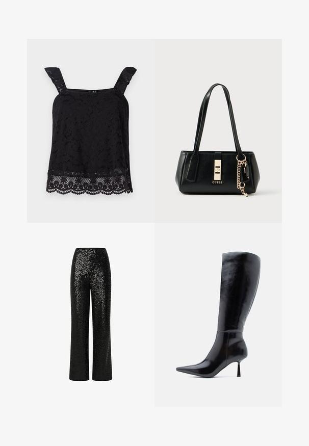Must mustriline top, laiad rihmadega, lillemustriga, laineline serv ja tekstureeritud kangas. Omab keerukat detaili alumises ääres.; Mustad sädeldušist muretud püksid, sirge lõikega, millel on sujuv vöökoht ja peegeldav tekstuur, luues särava efekti.; Mustad muste-breketjalad, mis on läikiva nahkpinnaga, terava varbaga ja õhukese kitseneva kontsaga, millel on sile pind ja sujuv disain.; Must nahast käekott struktureeritud disainiga, kuldsed metalldetailid, kandmisrihm ja dekoratiivne kett võtme ripatsiga.