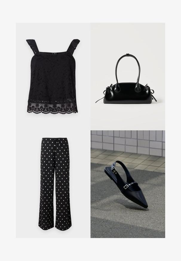 Top en dentelle noire avec larges bretelles, motif floral, ourlet festonné et tissu texturé. Présente des détails complexes au bord inférieur.; Pantalon noir à jambes larges avec des pois blancs et une taille à cordon noir.; Mocassin noir à bout pointu et bride arrière, avec double boucle, posé sur un asphalt gris près d'un mur carrelé en arrière-plan.; Petit sac à main noir brillant avec deux longues anses et des détails à cordon sur les côtés sur un fond clair uni.
