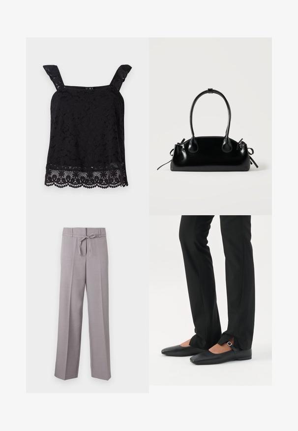 Top en dentelle noire avec larges bretelles, motif floral, ourlet festonné et tissu texturé. Présente des détails complexes au bord inférieur.; Pantalons larges gris clair en tissu doux, avec une taille à cordon et des plis marqués pour un ajustement structuré.; Jambes vêtues d’un pantalon slim noir avec des fentes à l’avant de l’ourlet, assorties à des chaussures plates Mary Jane noires avec une petite bride à boucle.; Petit sac à main noir brillant avec deux longues anses et des détails à cordon sur les côtés sur un fond clair uni.