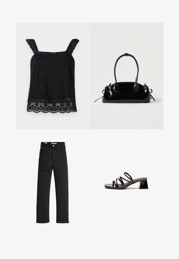 Sort blonde top med brede stropper, blomstermønster, bølget kant og struktureret stof. Har en intrikat detaljering ved bunden.; Sorte denim jeans med lige ben, der har en høj talje, fem-lomme design, metal knaplukning og minimale syninger.; Åben tå hæl sandal i mørk bourgogne lakeret læder, med tre tynde stropper og en firkantet blokhæl. Glat overflade, minimalistisk design.; Lille sort blank håndtaske med to lange håndtag og snøre-detaljer i siden på en ensfarvet lys baggrund.