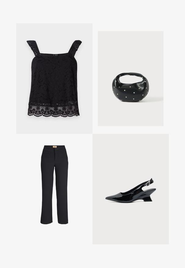 Sort blonde top med brede stropper, blomstermønster, bølget kant og struktureret stof. Har en intrikat detaljering ved bunden.; Sorte straight-leg bukser med høj talje, flad front og to vandrette forlommer, mærket JXJX ved taljen.; Sort laklæder slingback sko med spids tå og lav vinklet blokhæl på ensartet lys baggrund.; Sort læderhåndtaske med en rundet form, dekoreret med sølvnitter, og et kort håndtag. Glat tekstur og lynlåslukning.