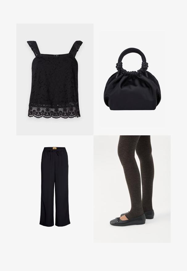 Zwart kanten top met brede bandjes, bloemenpatroon, gegolfde zoom en textuurstof. Heeft ingewikkelde details aan de onderste rand.; Zwarte wijde broek met een elastische tailleband en koord. Gemaakt van een gladde stof zonder zichtbare patronen of accenten.; Benen met donkere geribbelde leggings gecombineerd met zwarte ballerina's met kleine strikdetails op een witte achtergrond.; Zwarte zachte stoffen handtas met geplooide bovenkant en ronde gewatteerde handvatten, vastgeknoopt aan elke kant.