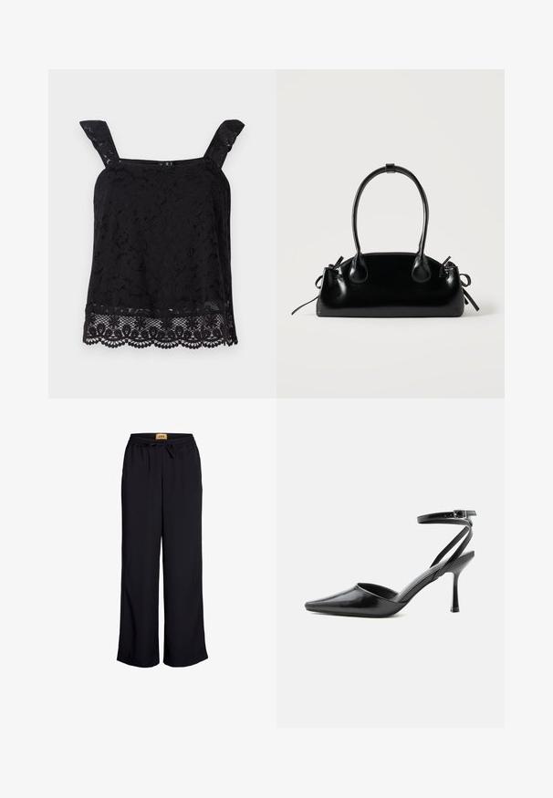 Top en dentelle noire avec larges bretelles, motif floral, ourlet festonné et tissu texturé. Présente des détails complexes au bord inférieur.; Pantalons larges noirs avec une taille élastique et un cordon de serrage. Fabriqués à partir d'un tissu lisse sans motifs ni accents visibles.; Escarpin noir à bout pointu avec fines brides de cheville et fermeture à boucle argentée sur fond clair uni.; Petit sac à main noir brillant avec deux longues anses et des détails à cordon sur les côtés sur un fond clair uni.