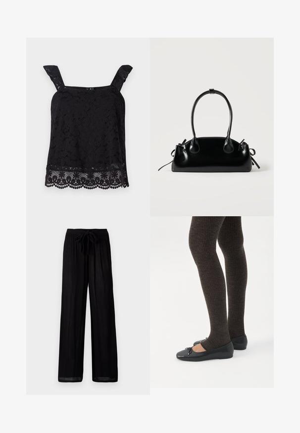 Sort blonde top med brede stropper, blomstermønster, bølget kant og struktureret stof. Har en intrikat detaljering ved bunden.; Sorte bukser med bred benvidde i et struktureret stof, med en knyttet talje og en afslappet pasform. Lenden er let gennemsigtig med en lige silhuet.; Ben iført mørke ribbede leggings kombineret med sorte balletsko med små sløjfedetaljer på hvid baggrund.; Lille sort blank håndtaske med to lange håndtag og snøre-detaljer i siden på en ensfarvet lys baggrund.