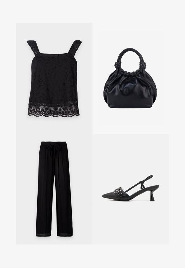 Top de encaje negro con tirantes anchos, patrón floral, dobladillo ondulado y tela texturizada. Presenta un intrincado detalle en el borde inferior.; Pantalones negros de pierna ancha con una tela texturizada, que presentan una cintura atada y un corte relajado. El dobladillo es ligeramente transparente con una silueta recta.; Simmi London DALA - Tacones - black; Bolso de mano de cuero negro suave con parte superior fruncida y dos asas gruesas atadas en nudos sobre un fondo claro y liso.