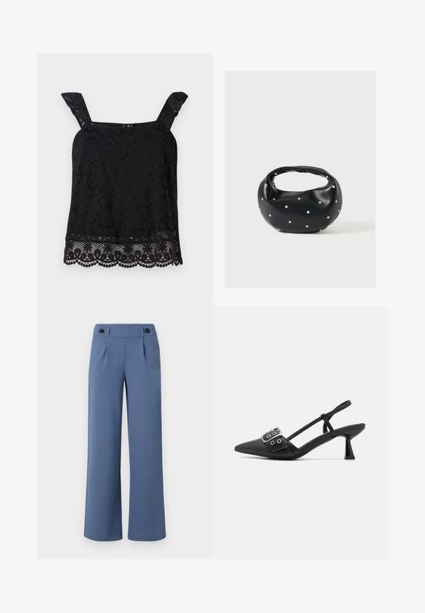 Sort blonde top med brede stropper, blomstermønster, bølget kant og struktureret stof. Har en intrikat detaljering ved bunden.; Blå vide bukser lavet af glat stof, der har en flad front, to læg og to sorte knapper i taljen.; Simmi London DALA - Pumps - black; Sort læderhåndtaske med en rundet form, dekoreret med sølvnitter, og et kort håndtag. Glat tekstur og lynlåslukning.