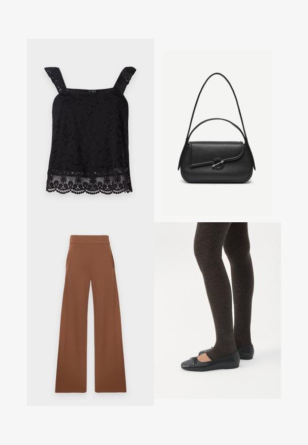 Sort blonde top med brede stropper, blomstermønster, bølget kant og struktureret stof. Har en intrikat detaljering ved bunden.; Brune bukser med bred benvidde fremstillet af et glat, strækbart stof. De har en høj talje og sidelommer, designet til en afslappet pasform.; Ben iført mørke ribbede leggings kombineret med sorte balletsko med små sløjfedetaljer på hvid baggrund.; Sort læderhåndtaske med afrundede kanter, asymmetrisk klap, metalcirkulært spænde samt både korte og lange skulderstropper.