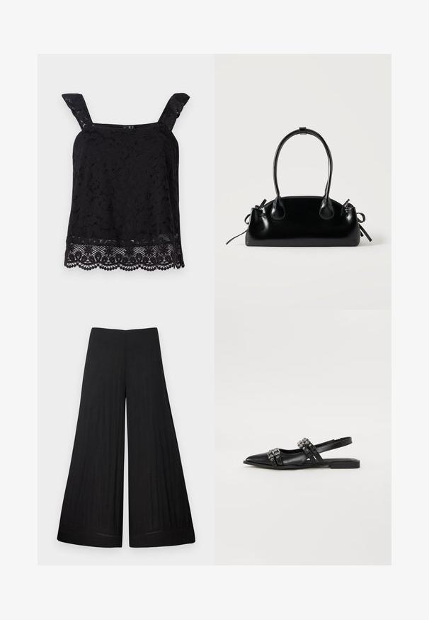 Top en dentelle noire avec larges bretelles, motif floral, ourlet festonné et tissu texturé. Présente des détails complexes au bord inférieur.; Pantalon noir à larges jambes en tissu léger. Il possède une taille plate et un matériau fluide, avec peu de détails de couture.; Even&Odd by Zalando Ballerines à brides arrière - black; Petit sac à main noir brillant avec deux longues anses et des détails à cordon sur les côtés sur un fond clair uni.