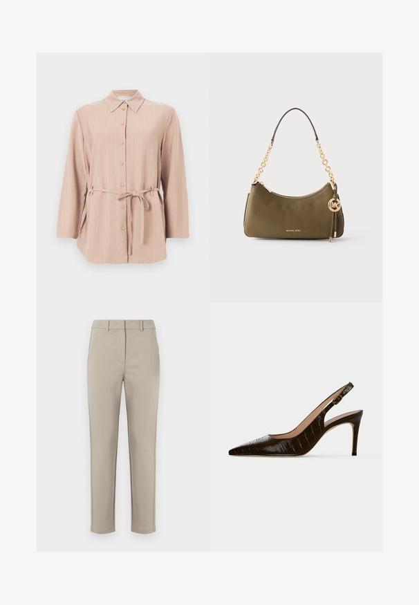 Lys pink, langærmet skjorte med krave, udvendige knapper, lodrette striber og en bundet talje for at fremhæve formen.; MM by MaxMara EFFETTO - Bukser - sand; Mørkebrun højhælet slingback-sko med spids tå, krokodilletekstur og lille guldsulet på stroppen.; Olivengrøn Michael Kors lædertaske med guldkæde-rem, lynlåslukning og hængende guldt MK-logo vedhæng.