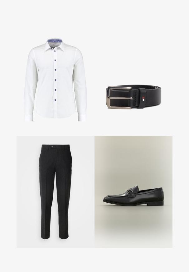 Hvid langærmet skjorte med skjortekrave, der har blå accentknapper og et blåt ternet mønster indeni kraven.; Lindbergh FORMAL PANT - Bukser - black melange; Sort læder herreloafer med lav hæl og metal spænde på toppen, vist fra siden mod en neutral baggrund.; Sort læderbælte rullet sammen med sølvfarvet, rektangulært spænde og lille rød, hvid og blå rektangulær logo nær spænde.