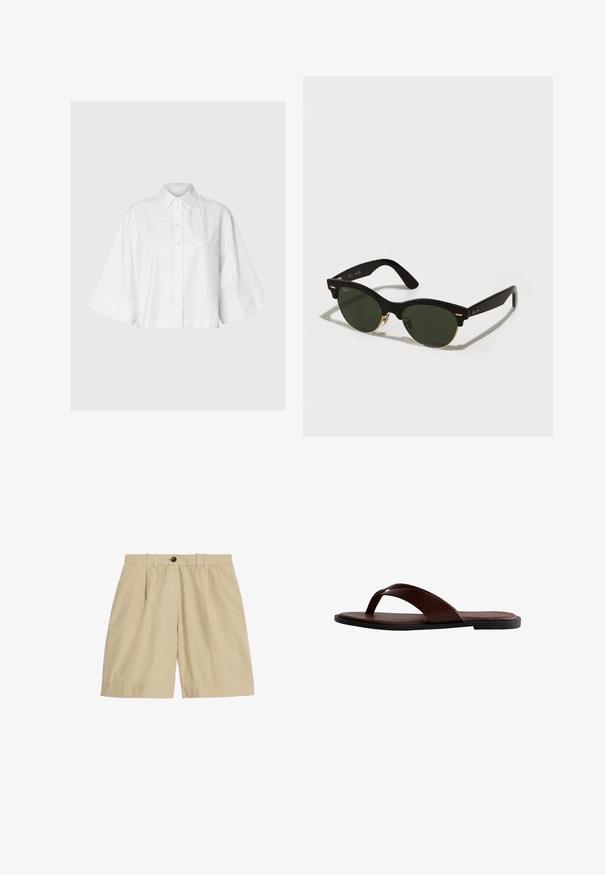 Hvid skjorte med knapper, med brede trekvartærmer og klassisk krave, vist fladt på en lys grå baggrund.; Marks & Spencer PURE FRONT BERMUDA - Shorts - beige; Brun læder tåsandal med brede stropper og flad sort sål, vist i sideprofil på hvid baggrund.; Sorte solbriller med grønne linser, rund form, guld accenter og tykke matte sorte stel. Har buede arme og subtil branding.