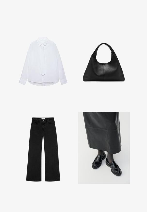 Witte lange mouwen overhemd met kraag en bijpassende smalle stropdas, met knopen aan de voorkant en manchetten, weergegeven tegen een effen achtergrond.; Zwarte high-waisted wide-leg jeans met voor- en muntzakken, knoopsluiting en riemlussen.; Zwarte leren loafers met een gladde afwerking, voorzien van een decoratieve band, ronde neus en gestructureerde zool. Draagt met een lange zwarte leren rok.; Zwarte handtas van getextureerd leer met brede basis en dikke afgeronde handgrepen, met een centrale verticale naad en subtiele stikdetails.