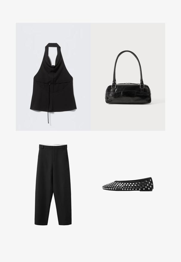 Haut noir sans manches à col licou avec une taille cintrée par un lien, un décolleté en V à l'avant et un ourlet inférieur fluide.; Pantalon noir à jambes droites avec passants pour ceinture, fermeture éclair à l'avant, et un design épuré et simple, adapté pour une tenue formelle ou décontractée.; Chaussure plate noire avec un bout arrondi et des embellissements cloutés. Le matériau supérieur est lisse, avec un accent texturé près du bout.; Sac à main en cuir noir de forme rectangulaire, doté d'une seule ansse structurée, de quincaillerie argentée et d'une fermeture éclair. Texture lisse.
