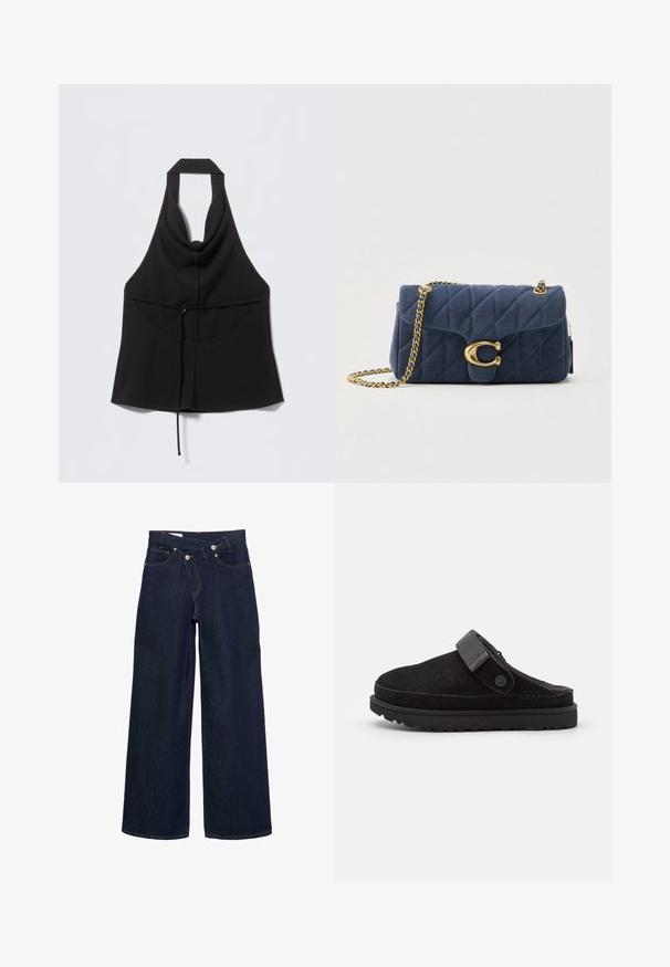 Zwarte haltertop zonder mouwen met een ceintuur in de taille, een v-vormige voorhals en een wijd uitlopende onderkant.; Donkerblauwe wijde denim jeans met hoge taille en knoopsluiting, met voor- en achterzakken en bruine stiksels.; Zwarte suède instap klompen met een ronde neuzen, zachte textuur, verstelbare band en een dikke rubberen zool met een patroonprofiel voor grip.; Gewatteerde donkerblauwe suède crossbodytas met een goudkleurige sluiting en kettingriem. Voorzien van een klepsluiting en fijne stikseldetails.